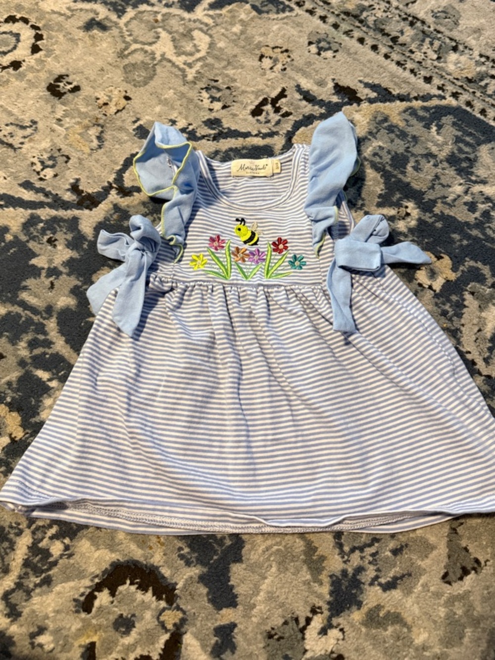 Striped Light Blue & White Bee Embroidered Tie-Shoulder Dress for Girls